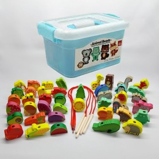 Juego didáctico enhebrado Animales y frutas de madera